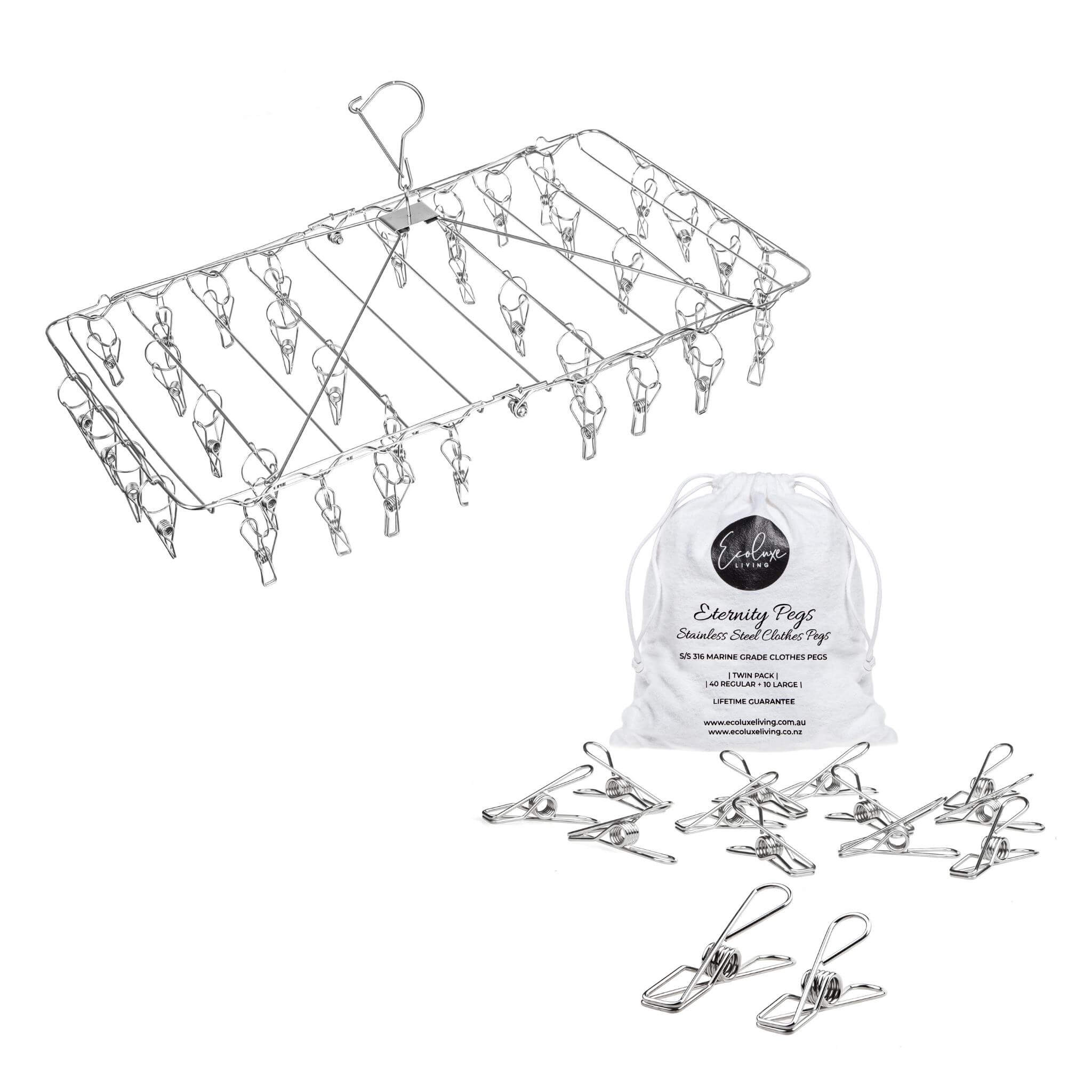 Silver Peg (Rust Proof) &amp; Foldable Peg Hanger (Rust Resistant) Bundle - EcoLuxe Living